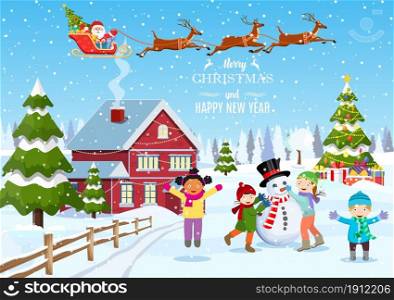 Suburban house covered snow. Building in holiday ornament. Christmas landscape tree spruce, snowman. Happy new year decoration. Merry christmas holiday. Children building snowman. Vector illustration. Suburban house covered snow.