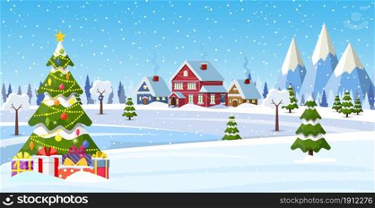Suburban house covered snow. Building in holiday ornament. Christmas landscape tree spruce, snowman. Happy new year decoration. Merry christmas holiday. New year xmas celebration. Vector illustration. Suburban house covered snow.