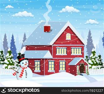 Suburban house covered snow. Building in holiday ornament. Christmas landscape tree spruce, snowman. Happy new year decoration. Merry christmas holiday. New year xmas celebration. Vector illustration. Suburban house covered snow.