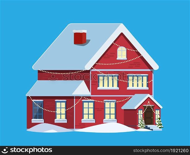 Suburban house covered snow. Building in holiday ornament. Christmas tree spruce, wreath. Happy new year decoration. Merry christmas holiday. New year and xmas celebration. Vector illustration .. Suburban house covered snow.