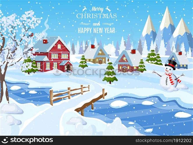 Suburban house covered snow. Building in holiday ornament. Happy new year decoration. Merry christmas holiday. New year xmas celebration. Vector illustration. Suburban house covered snow.