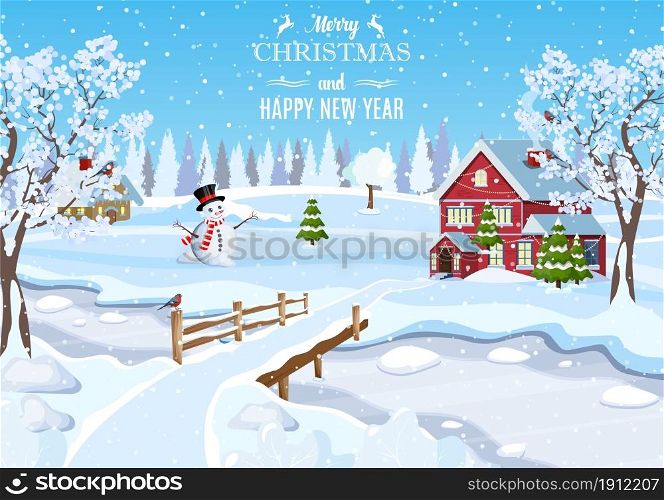 Suburban house covered snow. Building in holiday ornament. Happy new year decoration. Merry christmas holiday. New year xmas celebration. Vector illustration. Suburban house covered snow.