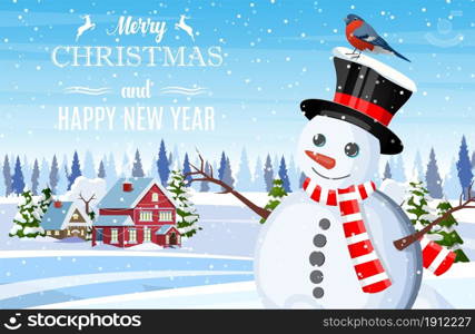 Suburban house covered snow. Christmas landscape tree spruce, snowman. Happy new year decoration. Merry christmas holiday. New year xmas celebration. Vector illustration. Suburban house covered snow.