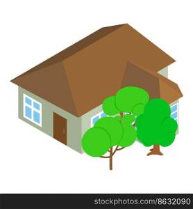 Suburban house icon isometric vector. One storey building and deciduous tree. Residential building, farmhouse, country cottage. Suburban house icon isometric vector. One storey building and deciduous tree
