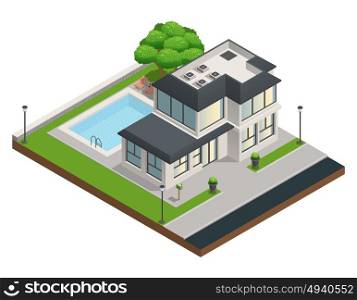 Suburban House Isometric Composition. Isometric composition with modern suburban two storeyd private house and clean yard with swimming pool vector illustration