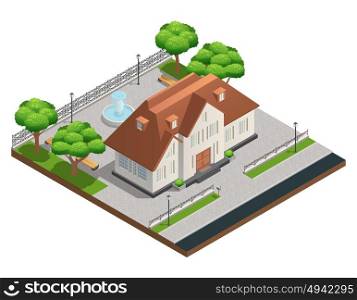 Suburban House Isometric Composition. Isometric composition with suburban house and big clean yard with fountain trees and benches on white background vector illustration