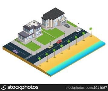 Suburban House Isometric Composition. Isometric composition with two suburban houses near sand beach on white background vector illustration