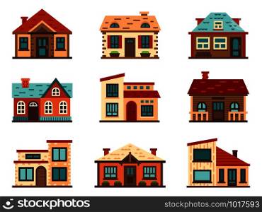 Suburban house. Living houses, housing roof building and home facade vector flat illustration. Front view flat cartoon residential homes icons. Suburban house. Living houses, housing roof building and home facade vector flat illustration