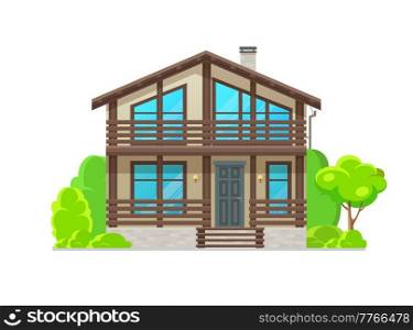 Suburban house or bungalow dwelling building facade, vector residential architecture. Family house or villa and duplex apartment, townhouse mansion real estate private property building. Suburban house, bungalow dwelling building facade