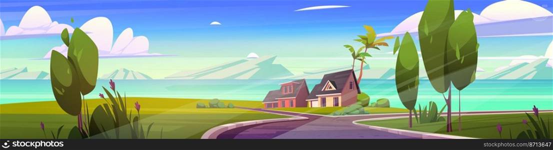 Suburban houses at summer nature landscape. Road lead to residential district with cottages, countryside buildings at mountain lake, green lawns, trees and flowers around, Cartoon vector illustration. Suburban houses at summer nature landscape, vector