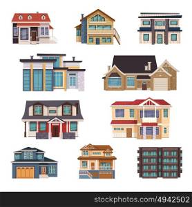 Suburban Houses Collection. Suburban houses collection of different construction and architecture in flat style isolated vector illustration