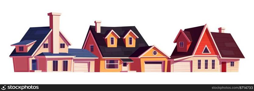Suburban houses exterior, residential buildings front. Vector cartoon set of cottages with garages on suburb district street. Modern real estate property isolated on white background. Suburban houses exterior, residential buildings