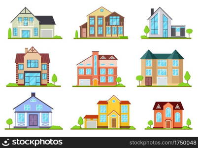 Suburban houses. Family house, village cottage. Outdoor architectural elements, modern buildings exterior. Flat vector set of house cottage, suburban residential illustration. Suburban houses. Family house, village cottage. Outdoor architectural elements, modern buildings exterior. Flat vector set