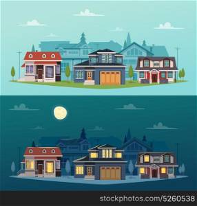 Suburban Houses Horizontal Banners. Suburban houses horizontal banners with colorful cottages at day and night time vector illustration