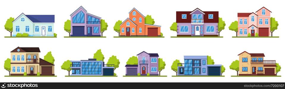 Suburban houses. Living real estate house, modern country villas. Home facade, street architecture vector illustration icons set. House building, home estate suburban, architecture living illustration. Suburban houses. Living real estate house, modern country villas. Home facades, street architecture vector illustration icons set