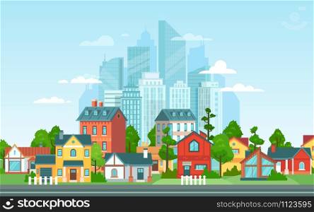Suburban landscape. Urban architecture, small and big city buildings. Suburbans houses cartoon vector illustration. Countryside, suburbs with private cottages with cityscape on background. Suburban landscape. Urban architecture, small and big city buildings. Suburbans houses cartoon vector illustration. Countryside, suburbs with private cottages with city skyline on background