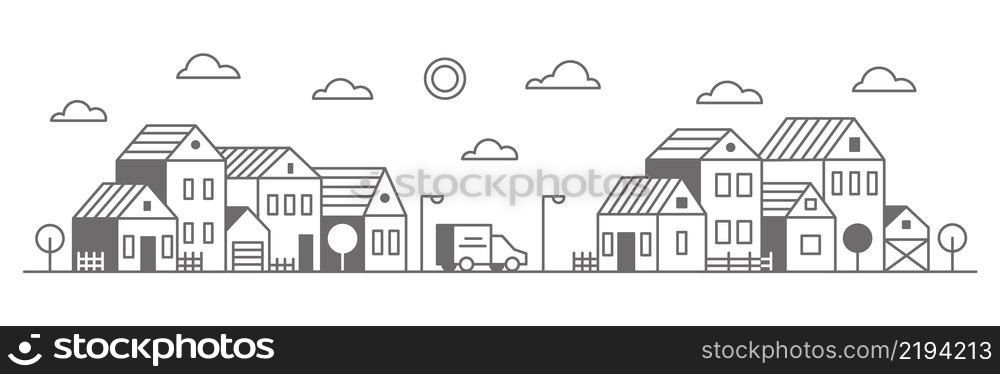 Suburban neighborhood landscape. Silhouette of houses on the skyline. Countryside cottage homes near the road. Outline vector illustration. Suburban neighborhood landscape. Silhouette of houses on the skyline. Countryside cottage homes near the road. Outline vector illustration.