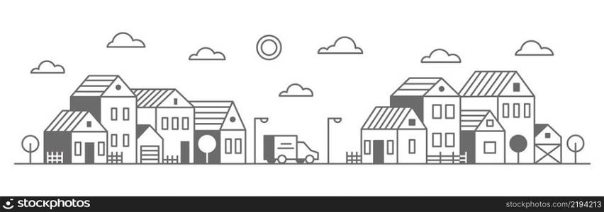 Suburban neighborhood landscape. Silhouette of houses on the skyline. Countryside cottage homes near the road. Outline vector illustration. Suburban neighborhood landscape. Silhouette of houses on the skyline. Countryside cottage homes near the road. Outline vector illustration.