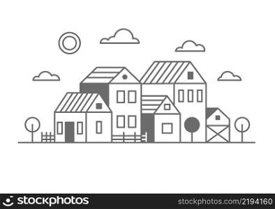 Suburban neighborhood landscape. Silhouette of houses on the skyline. Countryside cottage homes. Outline vector illustration. Suburban neighborhood landscape. Silhouette of houses on the skyline. Countryside cottage homes. Outline vector illustration.
