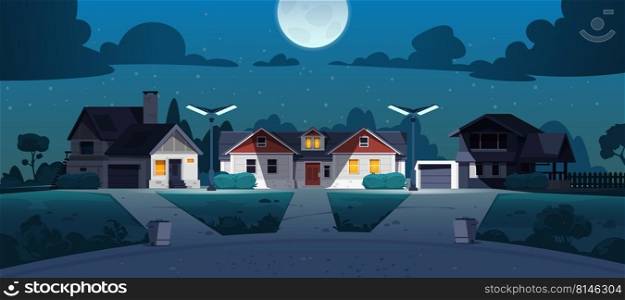 Suburban night street. Cartoon neighborhood country houses with lawn bushes and trees at night. Vector late evening town landscape. Real estates exterior under sky with moon. Outdoor mansions. Suburban night street. Cartoon neighborhood country houses with lawn bushes and trees at night. Vector late evening town landscape