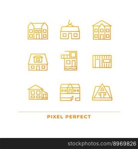 Suburban real estate pixel perfect gradient linear vector icons set. Holiday property rent. Bungalow. Countryside. Thin line contour symbol designs bundle. Isolated outline illustrations collection. Suburban real estate pixel perfect gradient linear vector icons set