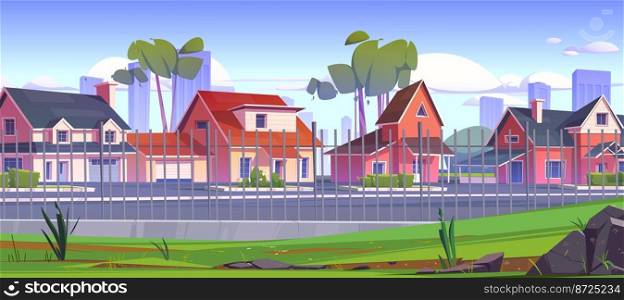 Suburban street with houses and road behind metal fence. Summer landscape of city suburb with cottages with garages, trees, green grass and town skyscrapers on horizon, vector cartoon illustration. Suburban street with houses behind metal fence