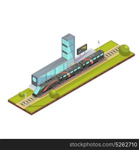 Suburban Train Terminal Composition. Trains composition of isometric railway passenger train and light rail images with railroad station terminal building vector illustration