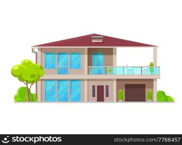 Suburban two-storey house building exterior with terrace, vector residential architecture. Modern apartments or home facade of family townhouse or villa cottage, mansion or lodge with balcony. Suburban two-storey house building exterior