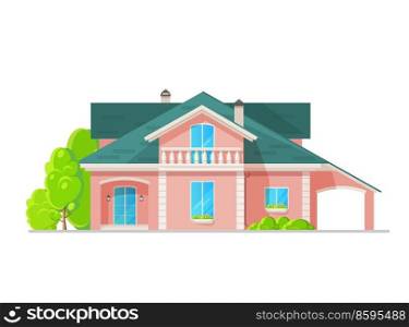Suburban two-storey house with balcony. Home classic exterior with pitched roof, stucco railings on balcony and flower pots on windows, outdoor garage. Mansion, flat vector luxury dwelling or villa. Suburban two-storey house exterior with balcony