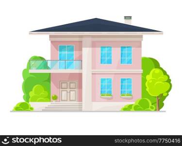 Suburban two-story house with balcony, building exterior. Vector pink stone home facade with white stairs and slopping roof. Residential luxury cottage in classic style, architecture cartoon mansion. Suburban two-story house building with balcony