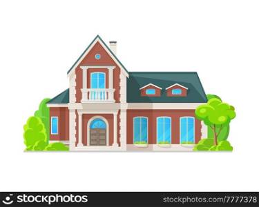 Suburban two story house with classic exterior, residential neighborhood property. Vector real estate architecture of cottage building, villa, mansion or townhouse with balconies, columns, balustrade. Suburban two story house with classic exterior