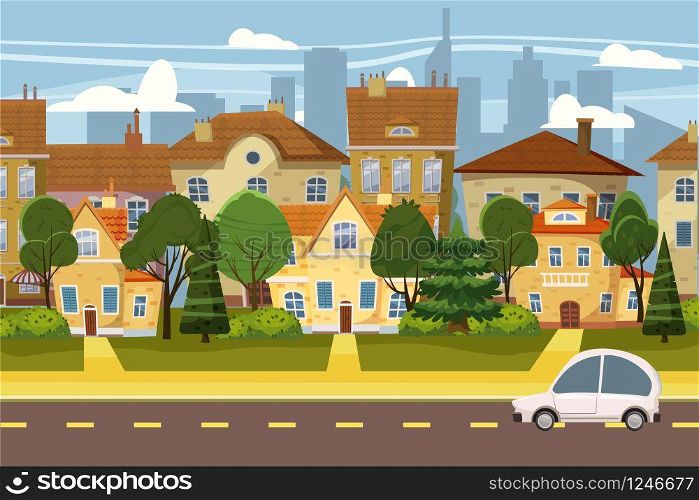 Suburban village of big city, trees, road, sky and clouds. Real estate, sale and rent house, mansion. Cottage Real Estates Cute Town Concept. Suburban village of big city, trees, road, sky and clouds. Real estate, sale and rent house, mansion. Cottage Real Estates Cute Town Concept Cartoon Vector Illustration.
