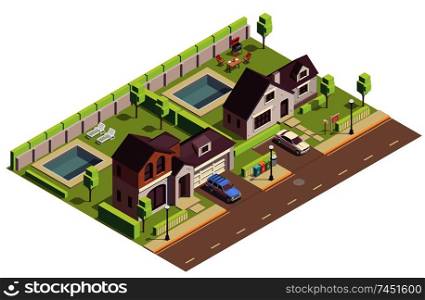 Suburbian buildings isometric composition with outdoor view of two neighbourhood areas with villas and residential yards vector illustration