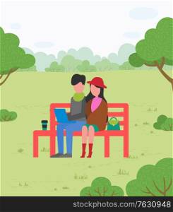 Suburbs park, couple sitting on bench with laptop. Man and woman on forest meadow, coffee cup and purse, tree and bushe, recreation and nature. Vector illustration in flat cartoon style. Couple Sitting on Bench with Laptop, Suburbs Park