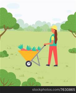 Suburbs park or forest meadow, girl with vegetable harvest in wheelbarrow. Farmer or gardener, nature and agriculture, woman with autumn crop. Vector illustration in flat cartoon style. Girl with Vegetable Harvest in Wheelbarrow at Park