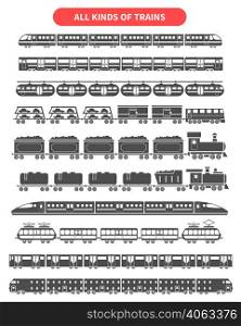 Subway and railroad train black decorative icons set isolated vector illustration. Train black set