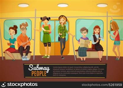 Subway Background Illustration. Subway background with underground train people and activity symbols flat vector illustration