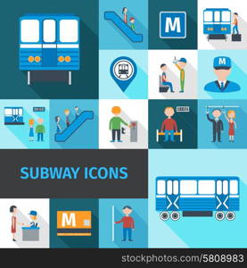 Subway decorative icons flat set with transport passengers employees and objects isolated vector illustration. Subway Icons Flat