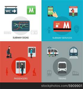Subway design concept set with passenger and trains flat icons isolated vector illustration. Subway Icons Set