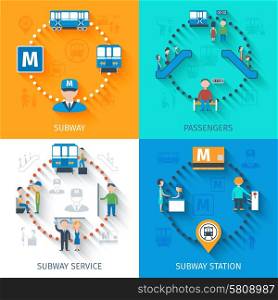 Subway design concept set with passenger station and service flat icons isolated vector illustration. Subway Design Concept Set