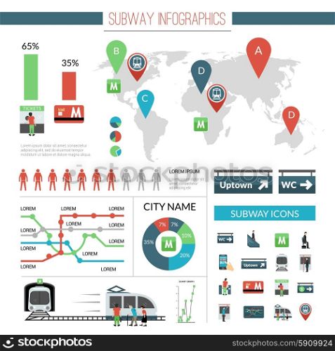 Subway infographics set with transport symbols and charts vector illustration. Subway Infographics Set