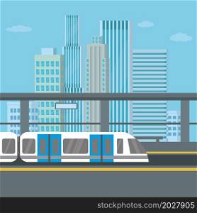 Subway or skytrain station,city metro,city view with skyscrapers on background, flat vector illustration