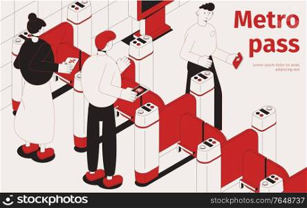 Subway pass isometric composition in black and red color with passengers entering metro station through turnstiles vector illustration. Subway Pass Isometric Composition