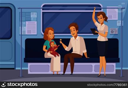 Subway passengers in underground metro train cartoon composition with family sitting and standing reading lady vector illustration . Subway Underground Metro Passengers Cartoon