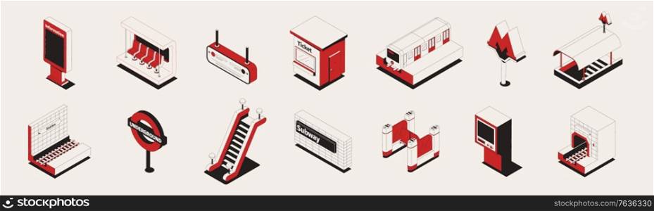Subway set of isometric icons and isolated images of ticket barriers escalators navigation elements and trains vector illustration