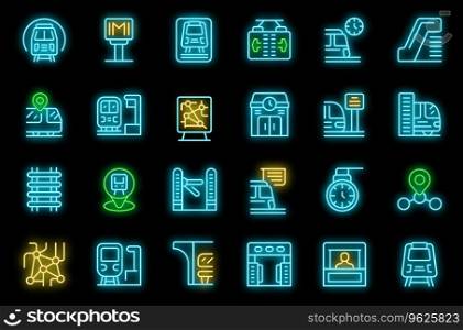 Subway station icons set outline vector. Train travel. City map neon color on black. Subway station icons set vector neon