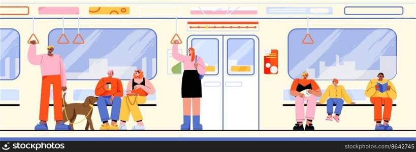 Subway train car with people inside. Diverse passengers, african american man with dog, sitting couple, woman with boy and guy reading book in metro wagon, vector flat illustration. Subway train car with people inside