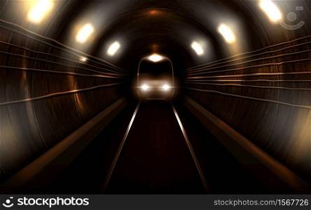 Subway train with glowing headlights in old rusty metro tunnel front view, locomotive on rails. Modern underground commuter transport, railway passenger vehicle, Realistic 3d vector illustration. Subway train in metro tunnel front view locomotive