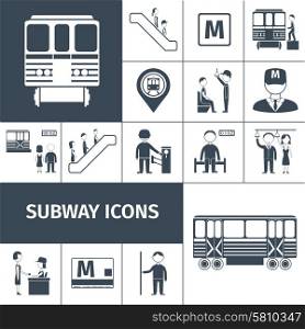 Subway transport train and station icons black set isolated vector illustration. Subway Icons Black