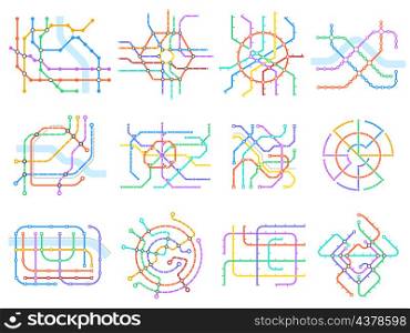 Subway underground scheme, public transportation metro tube maps. Underground train station map, subway metro schemes vector illustration set. Metro map grids with different colorful directions. Subway underground scheme, public transportation metro tube maps. Underground train station map, subway metro schemes vector illustration set. Metro map grids